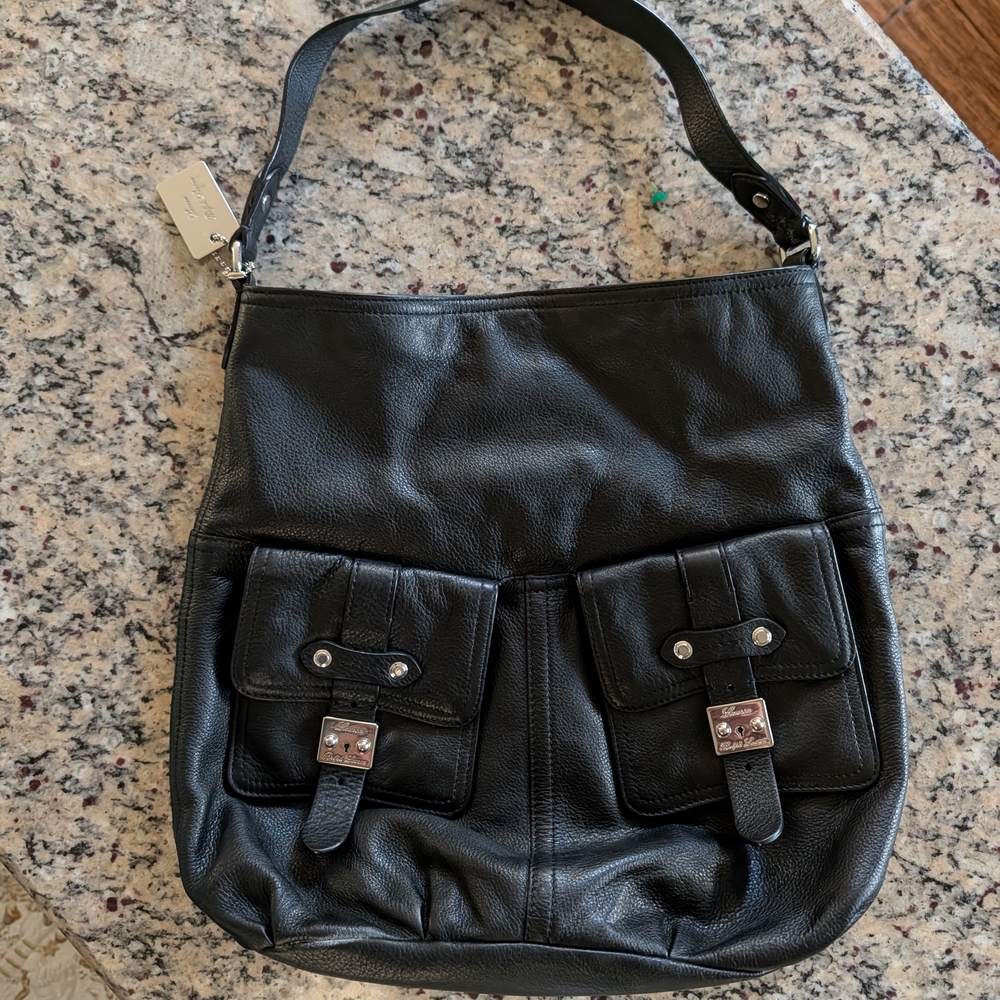 Lauren~1967~ Ralph Lauren  Black Pebbled Leathe Shoulder Bag with Buckle Pockets